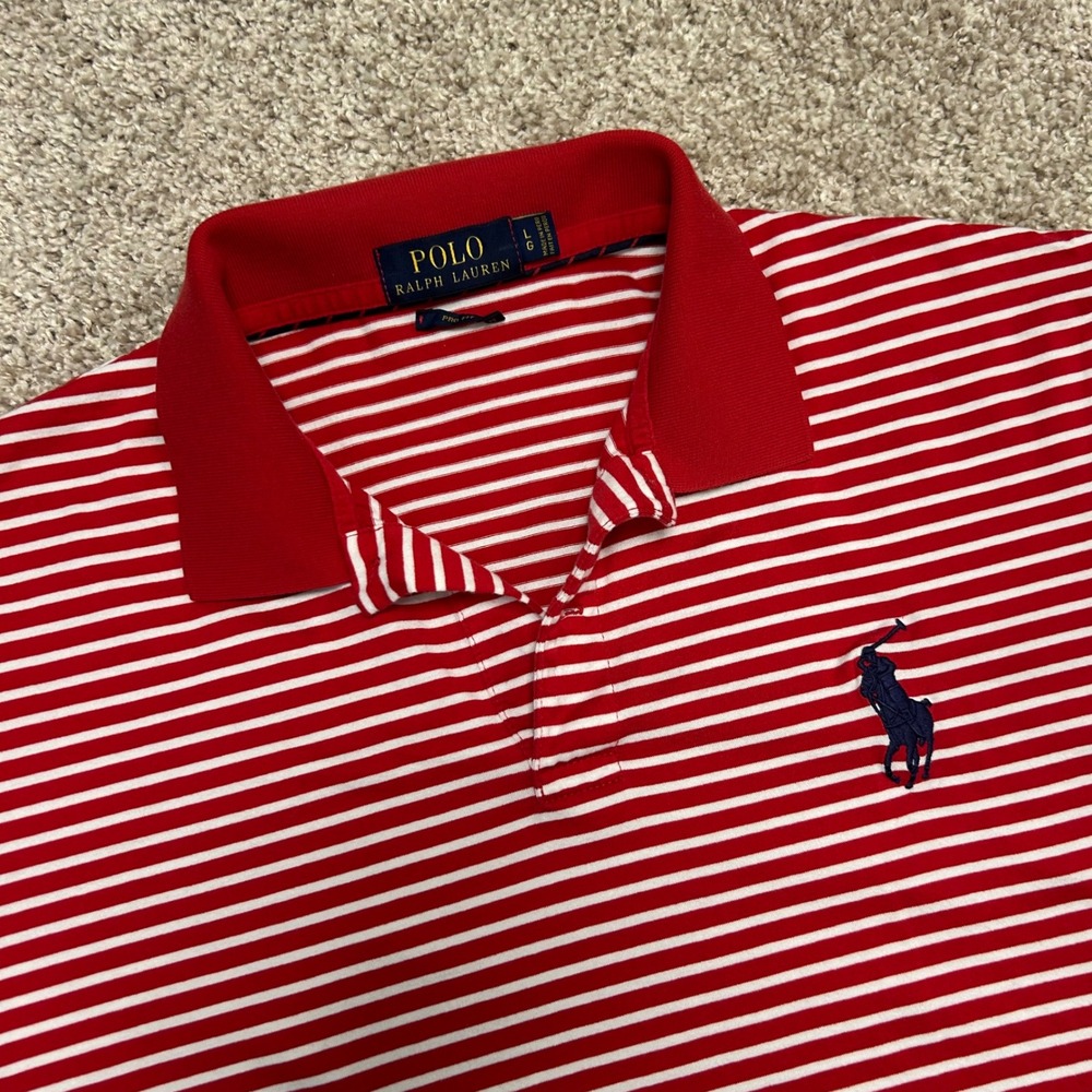 Polo Ralph Lauren Big Pony Polo Shirt‎ Men Size Large Red Striped Pro Fit Preppy